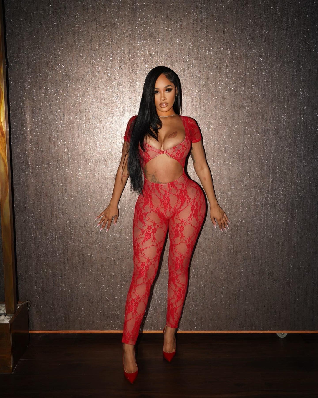 Long Lace Me Bodysuit - Red