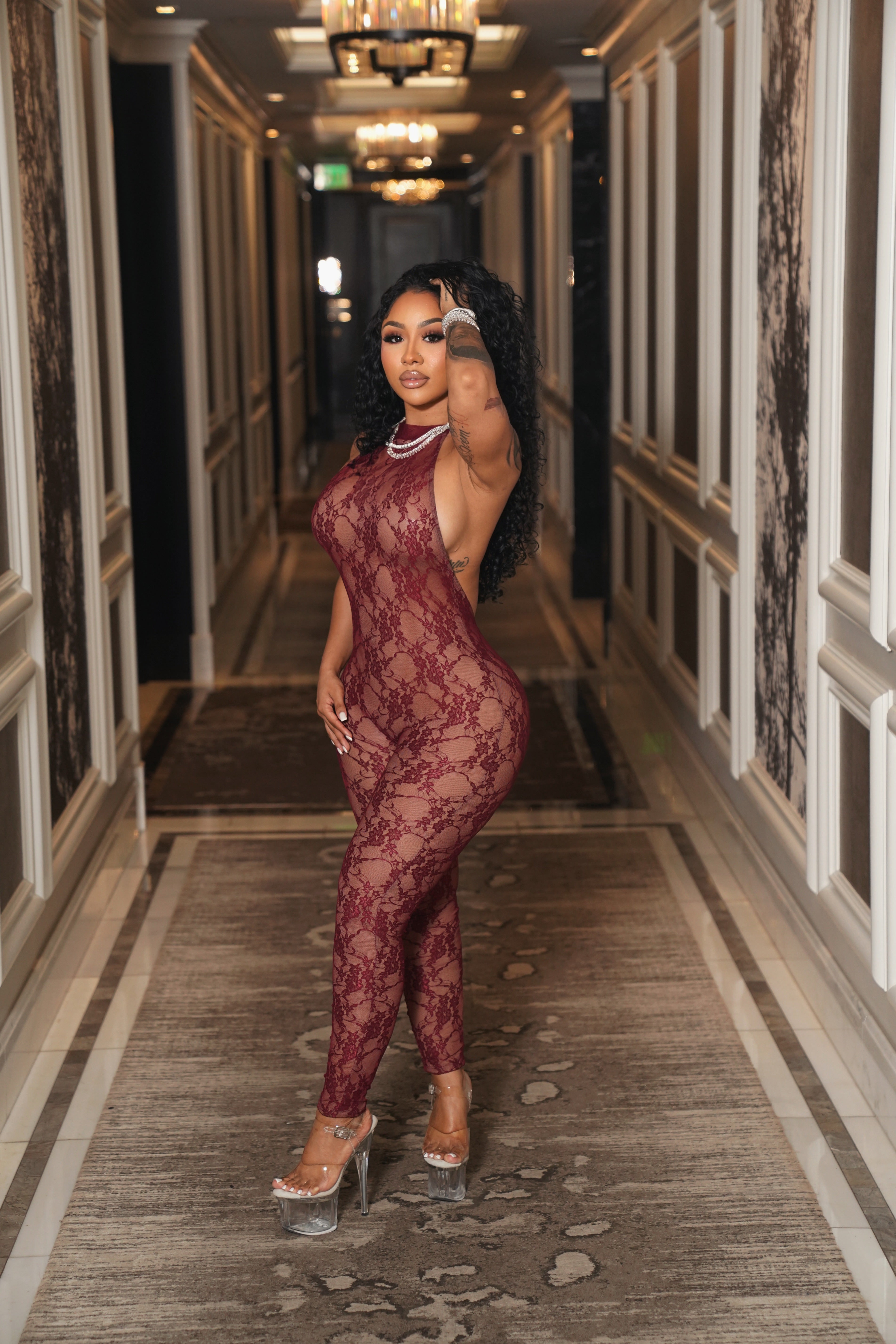 Privé Lace Jumpsuit - Merlot
